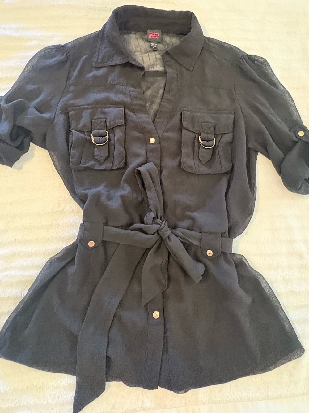 bebe Black Sheer Button-Front Tie-Waist Blouse